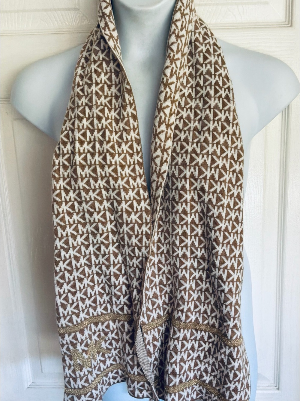 Michael Kors Tan & White MK Logo Knit Scarf
